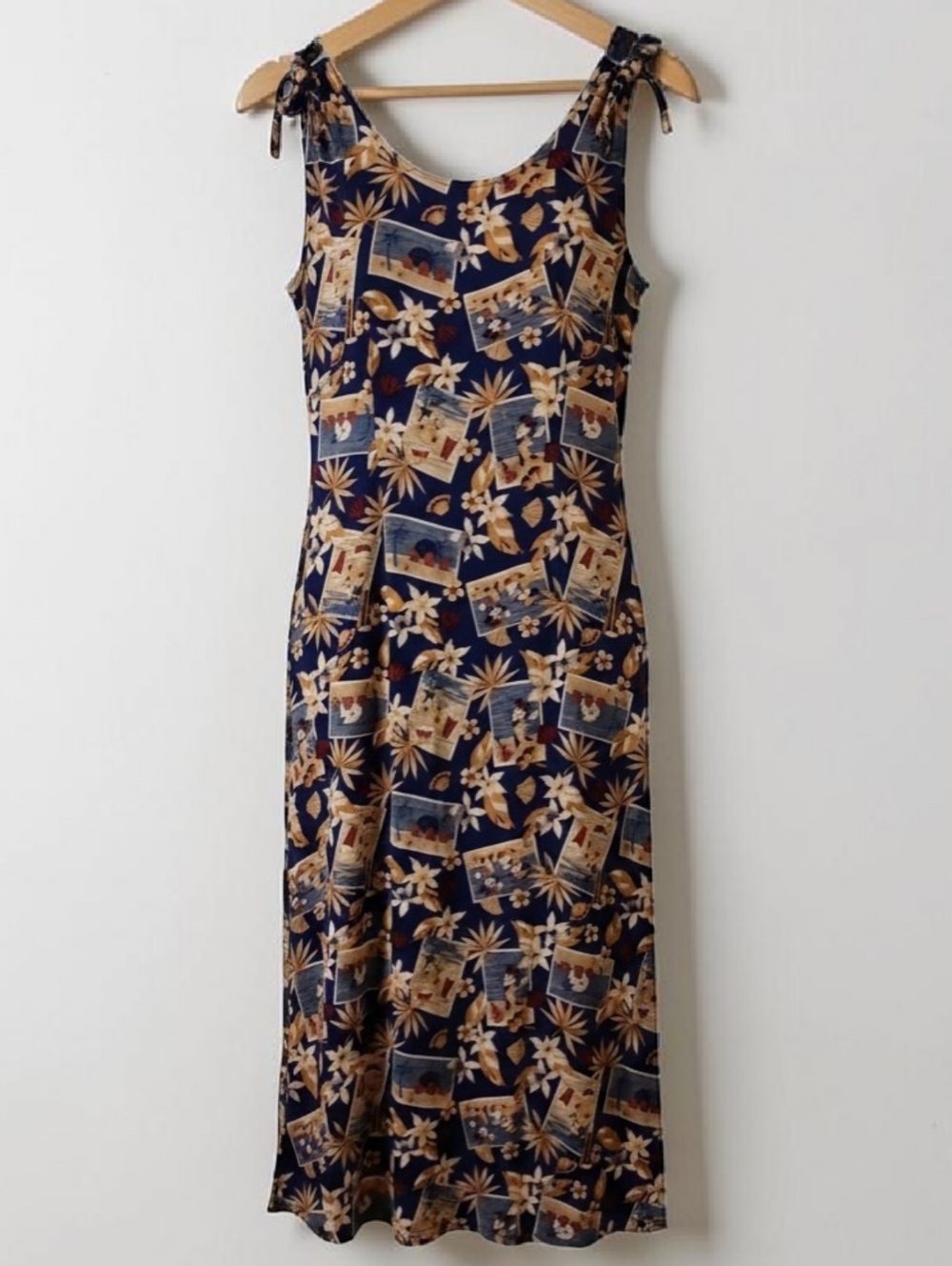 Disney Navy & Tan Postcard-Print Tie-Shoulder Midi Dress Minnie Mickey Cruise